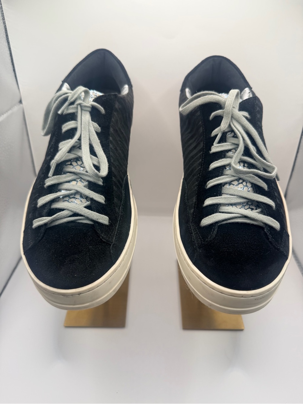 P448 John Sub Zebra Embossed Suede Low Top Sneakers Metallic Silver Accent